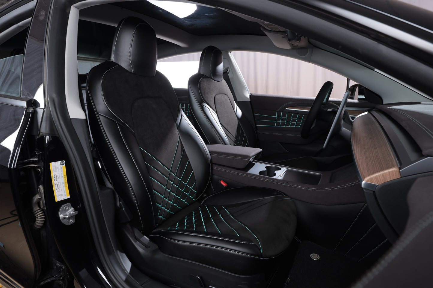 black velvet suede with green diamond stitching embroidery front car seat cover for tesla