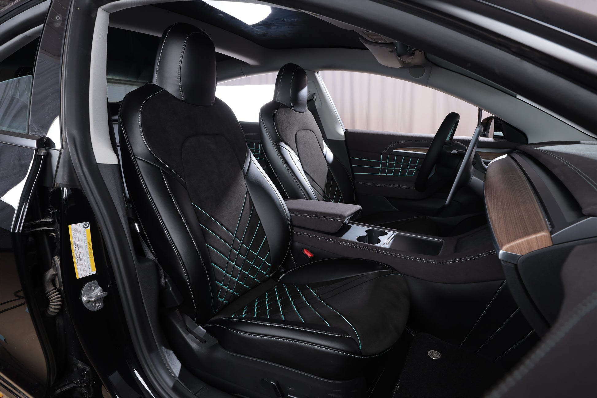 black velvet suede with green diamond stitching embroidery front car seat cover for tesla