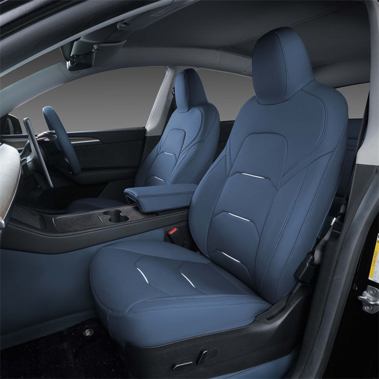 blue leather with white piping car seat cover for tesla