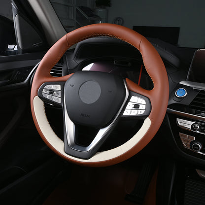 brown and beige nappa leather custom hand-stitched steering wheel cover for bmw