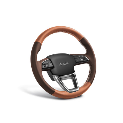 brown and coffee leather hand-stitched steering wheel cover for tesla