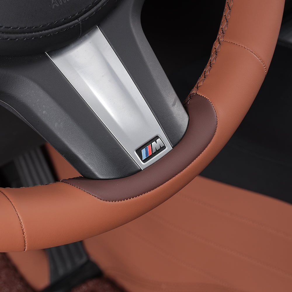 brown and coffee nappa leather hand sewing ssteering wheel cover for bmw