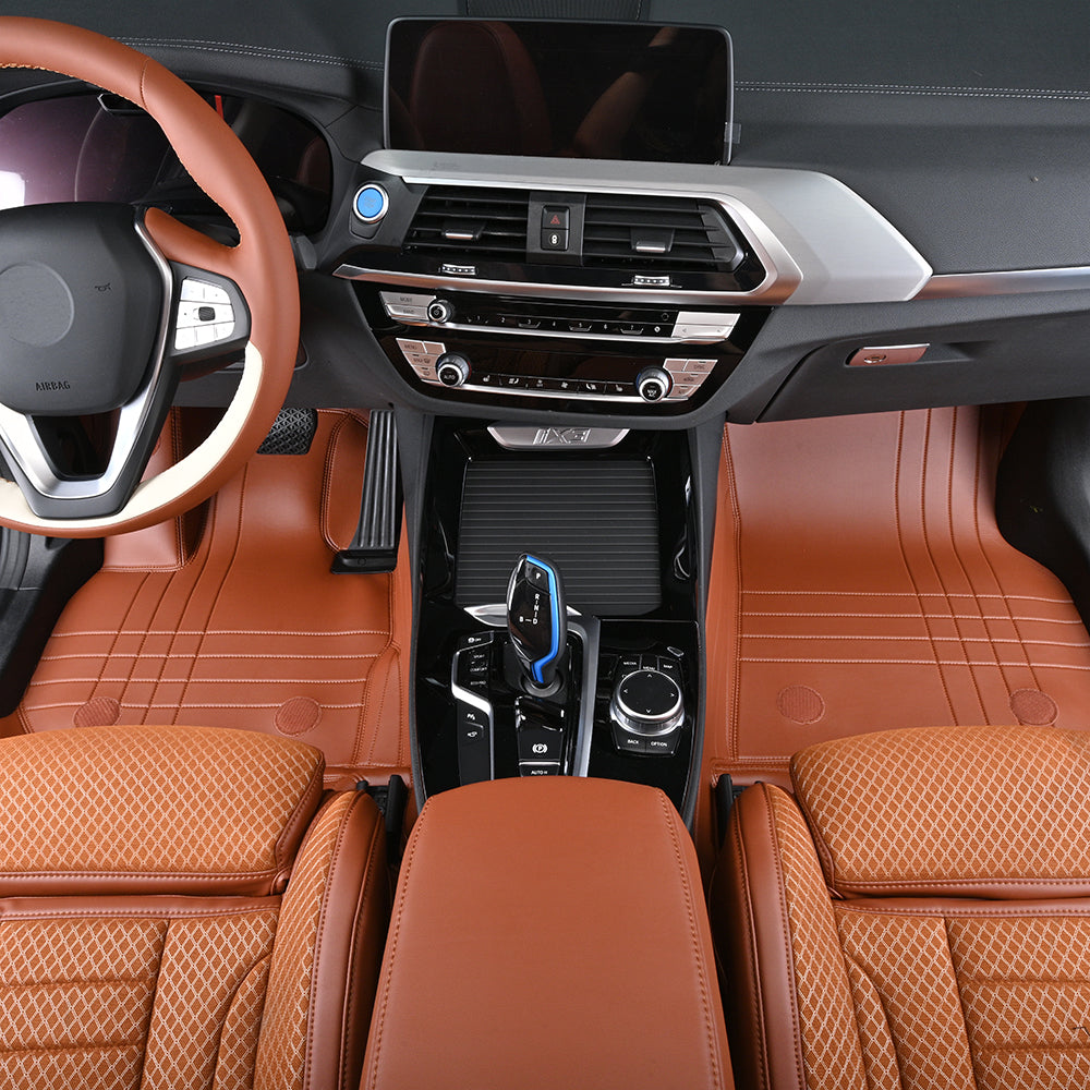 brown leather with diamond stitching bottom layer car floor mat