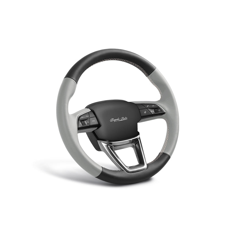 black and gray leather hand-stitched steering wheel cover for tesla