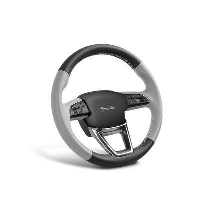 black and gray leather hand-stitched steering wheel cover for tesla