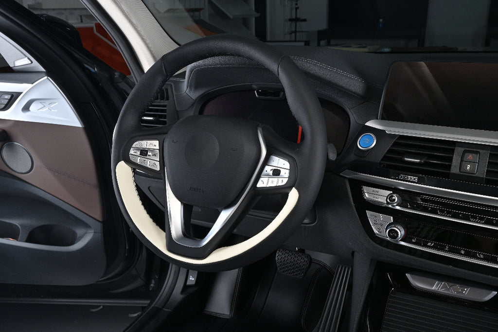 black and white nappa leather hand-stitched steering wheel cover for bmw