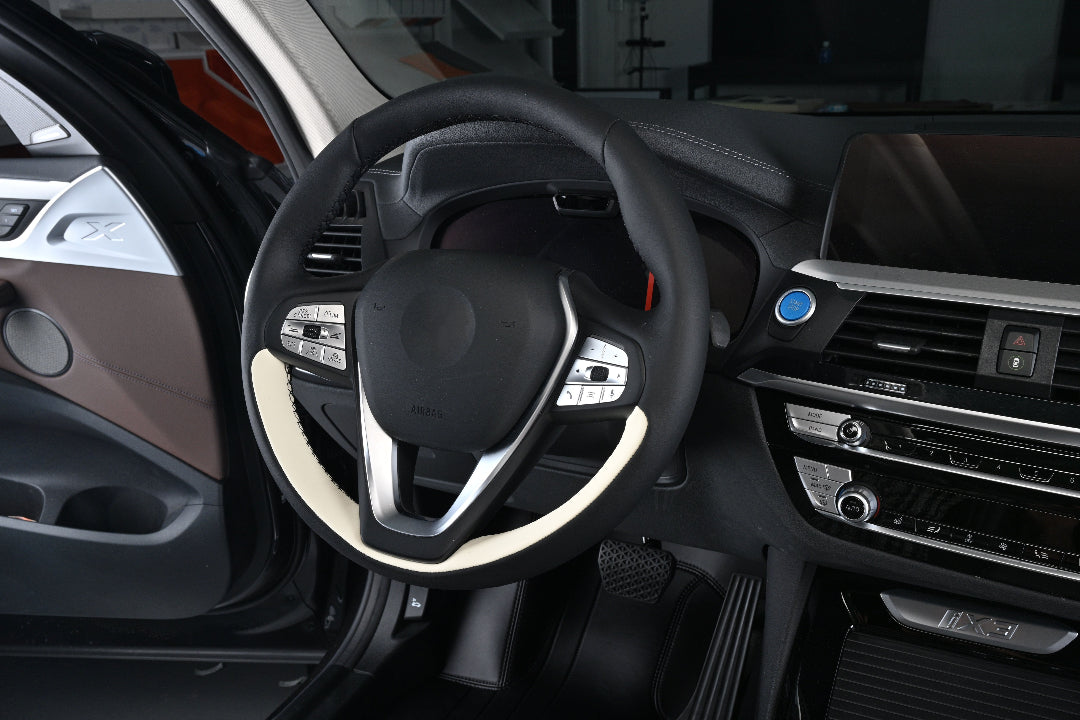 black and white nappa leather hand-stitched steering wheel cover for bmw