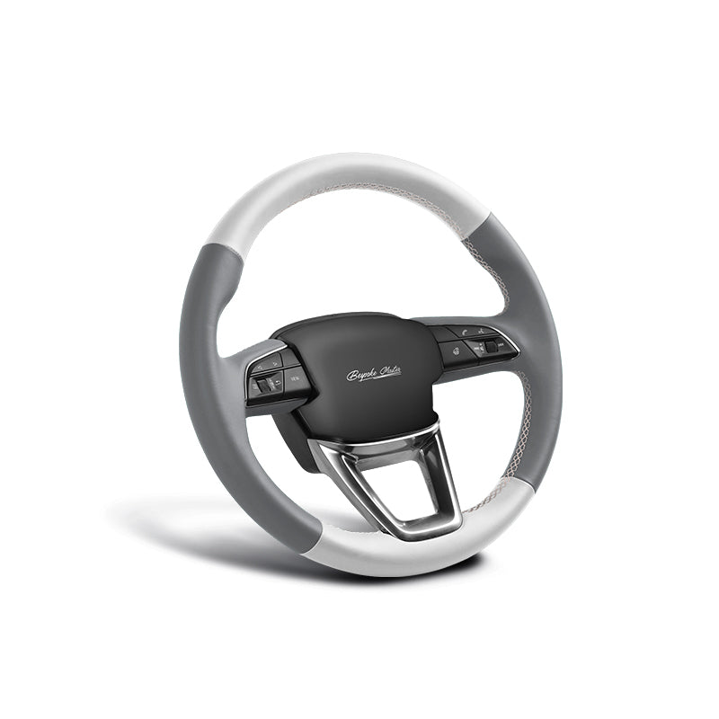 white and gray leather hand-stitched steering wheel cover for tesla