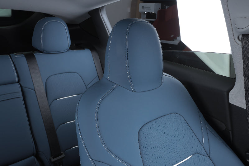 blue nappa leather with white piping car seat covers