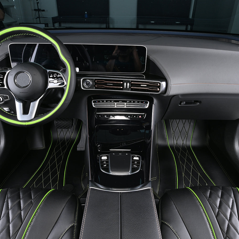 front black nappa leather with green piping car floor mat for mercedes-benz