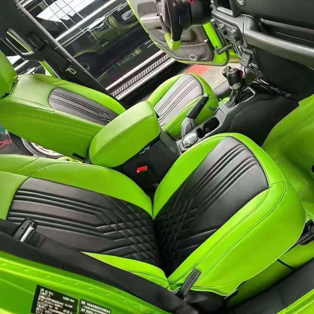 green leather with black diamond stitching car seat cover