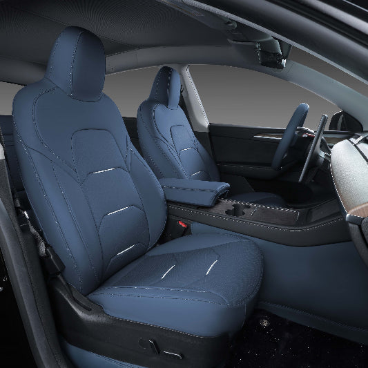 blue leather and white piping car seat covers