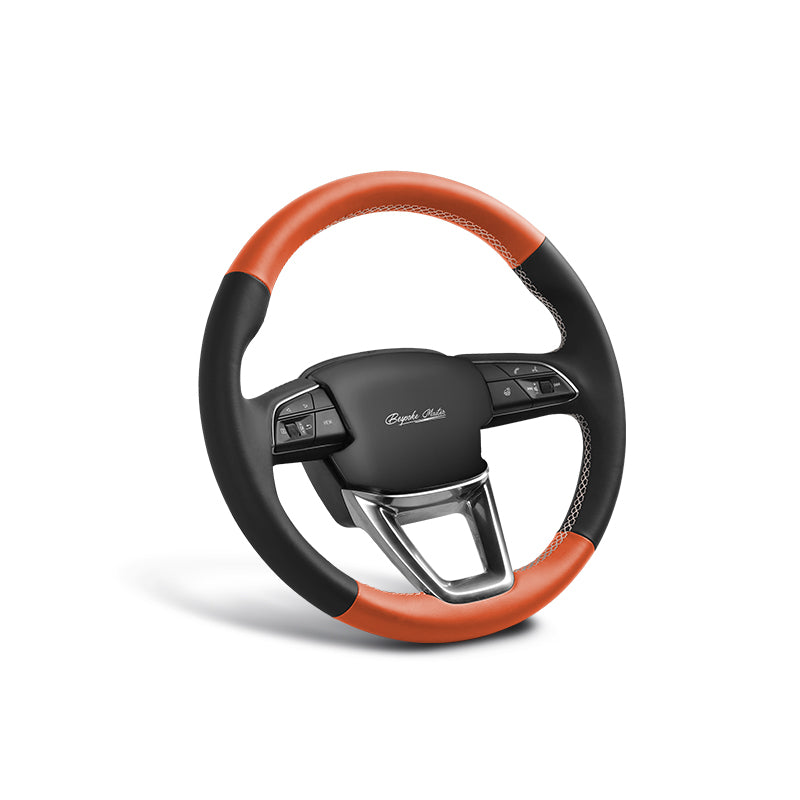 orange and black leather hand-stitched steering wheel cover for tesla