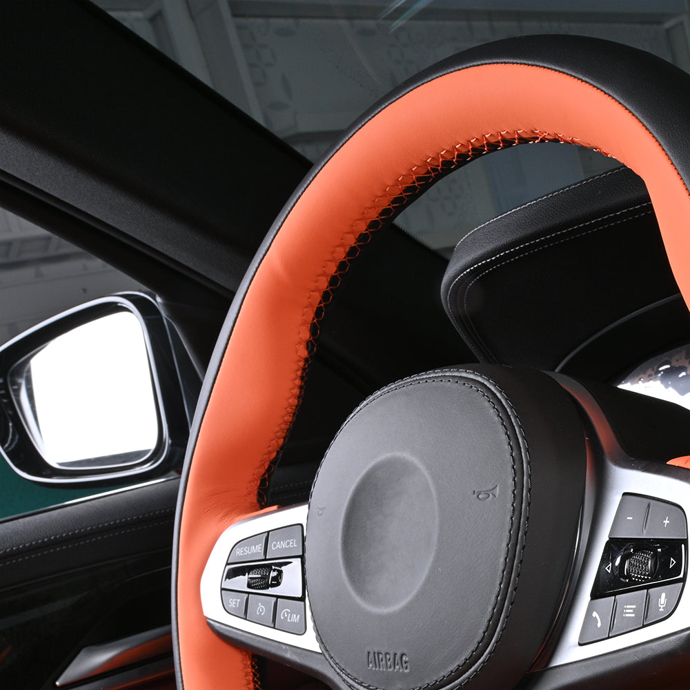 orange and black nappa leather hand-stitched car steering wheel cover for bmw