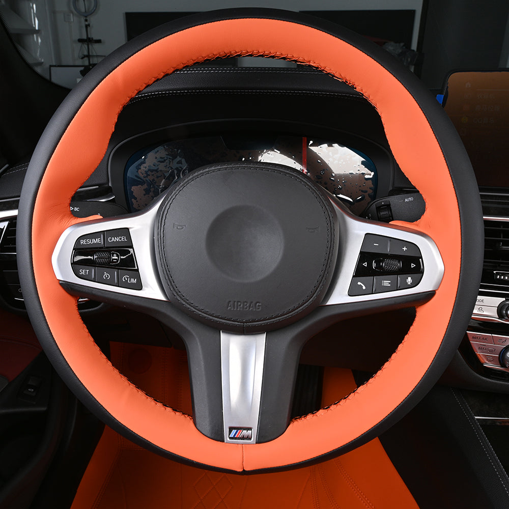 orange and black nappa leather steering wheel cover for bmw