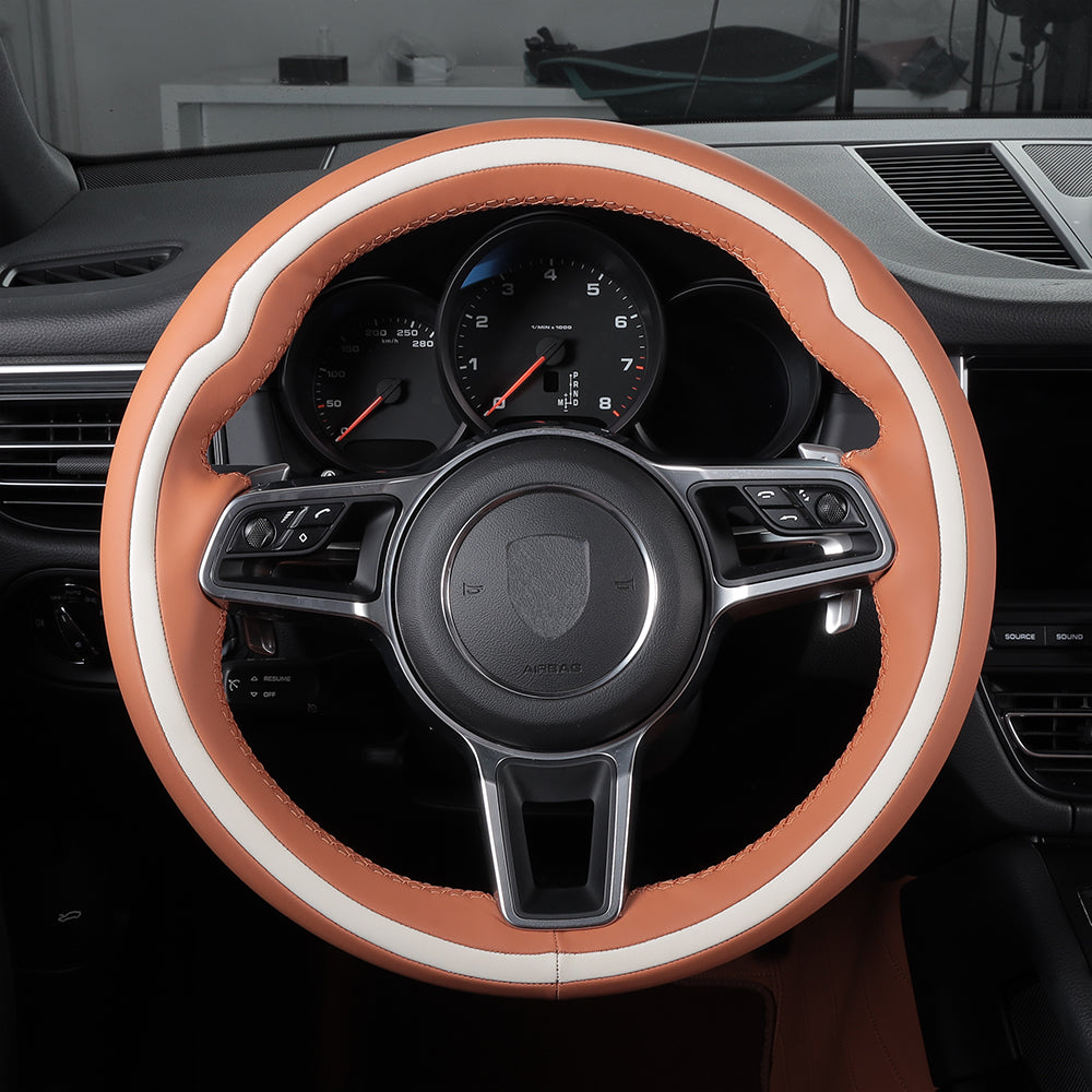 orange and white leather steering wheel cover for porsche