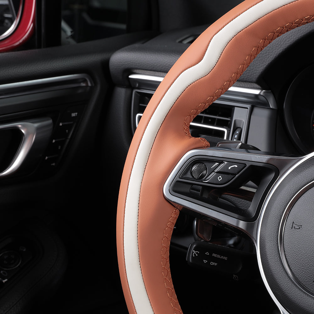 orange and white leather with beige color stitching steering wheel cover for porsche