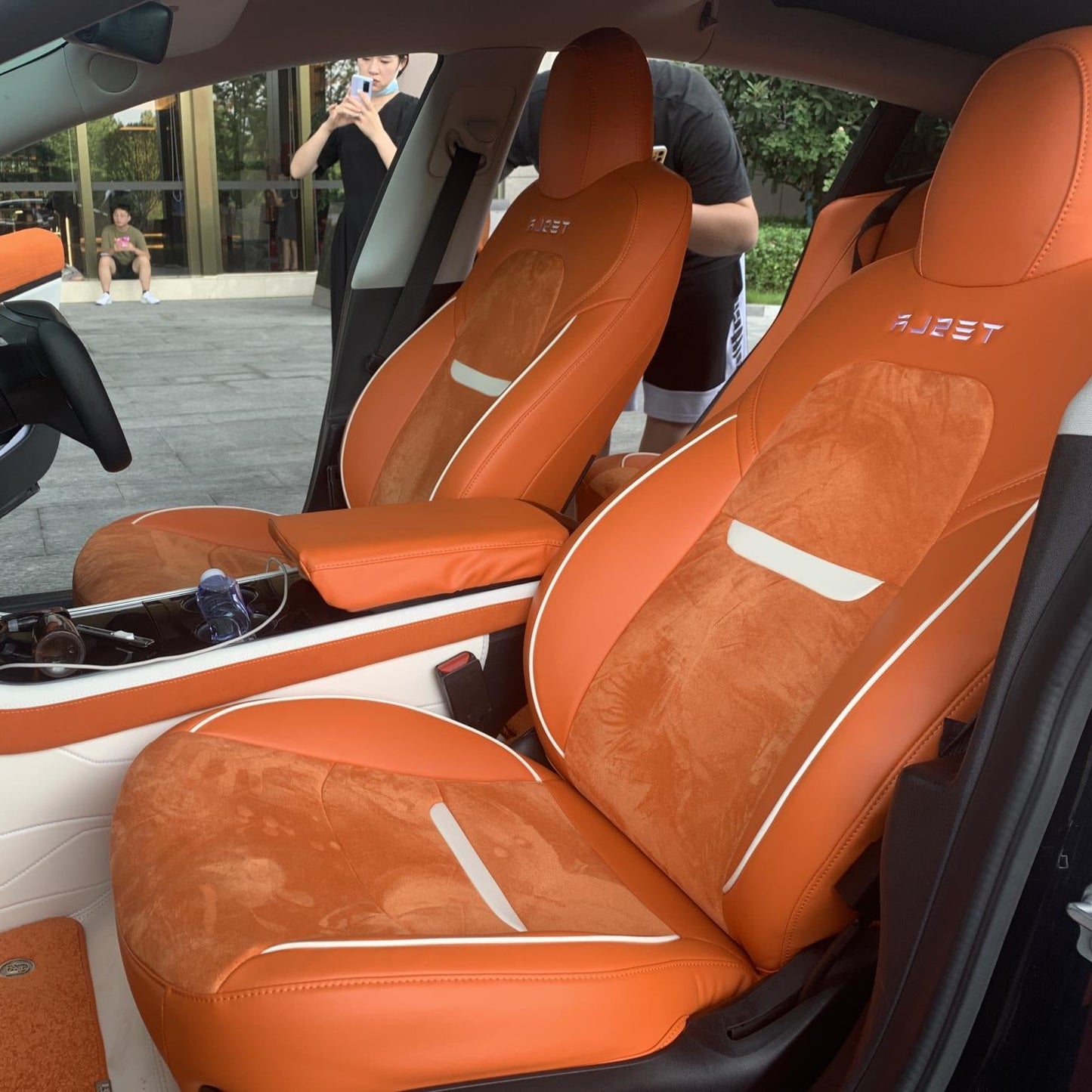 orange leather and suede fabric seat cover for tesla