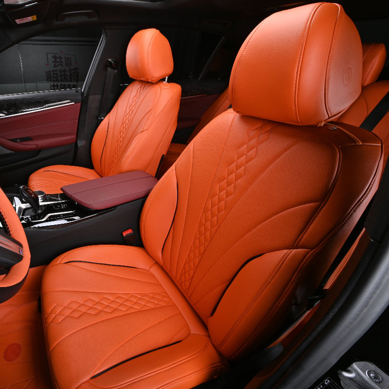 orange leather diamond stitching black piping car seat cover for bmw