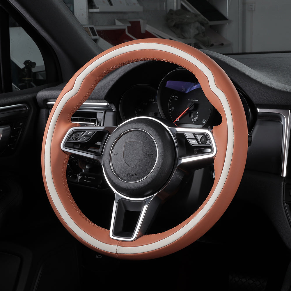 orange leather with beige color stitching steering wheel cover for porsche