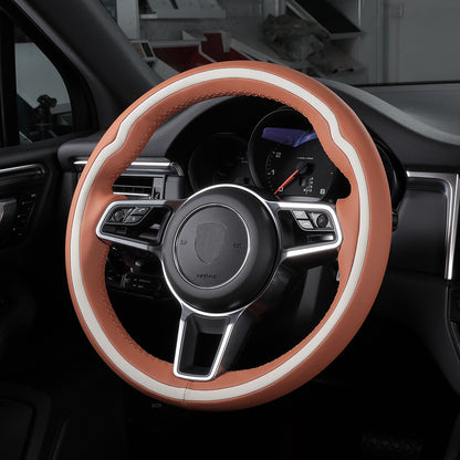 orange leather with beige color stitching steering wheel cover for porsche