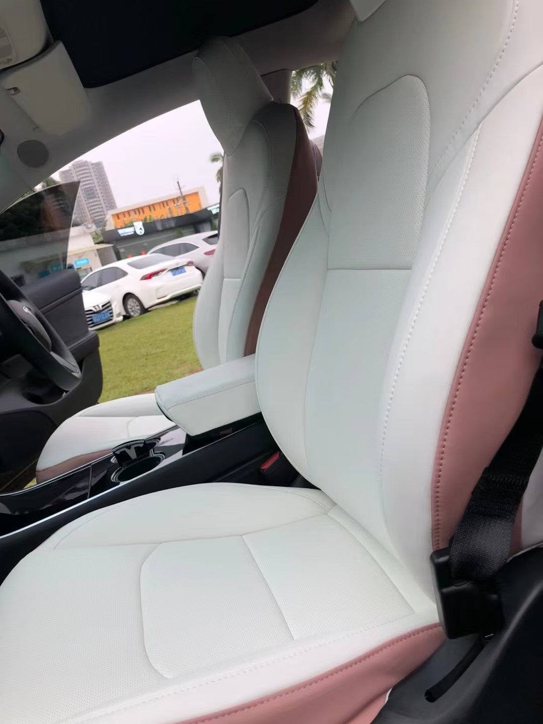 pink and white nappa leather front car seat cover for tesla model y