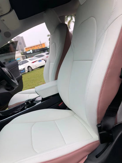 pink and white nappa leather front car seat cover for tesla model y