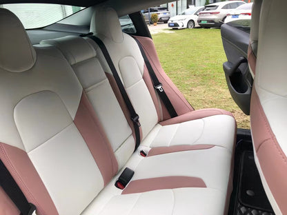 pink and white nappa leather rear car seat cover for tesla model y