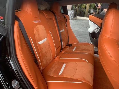 rear orange leather and suede with white piping for tesla model y 