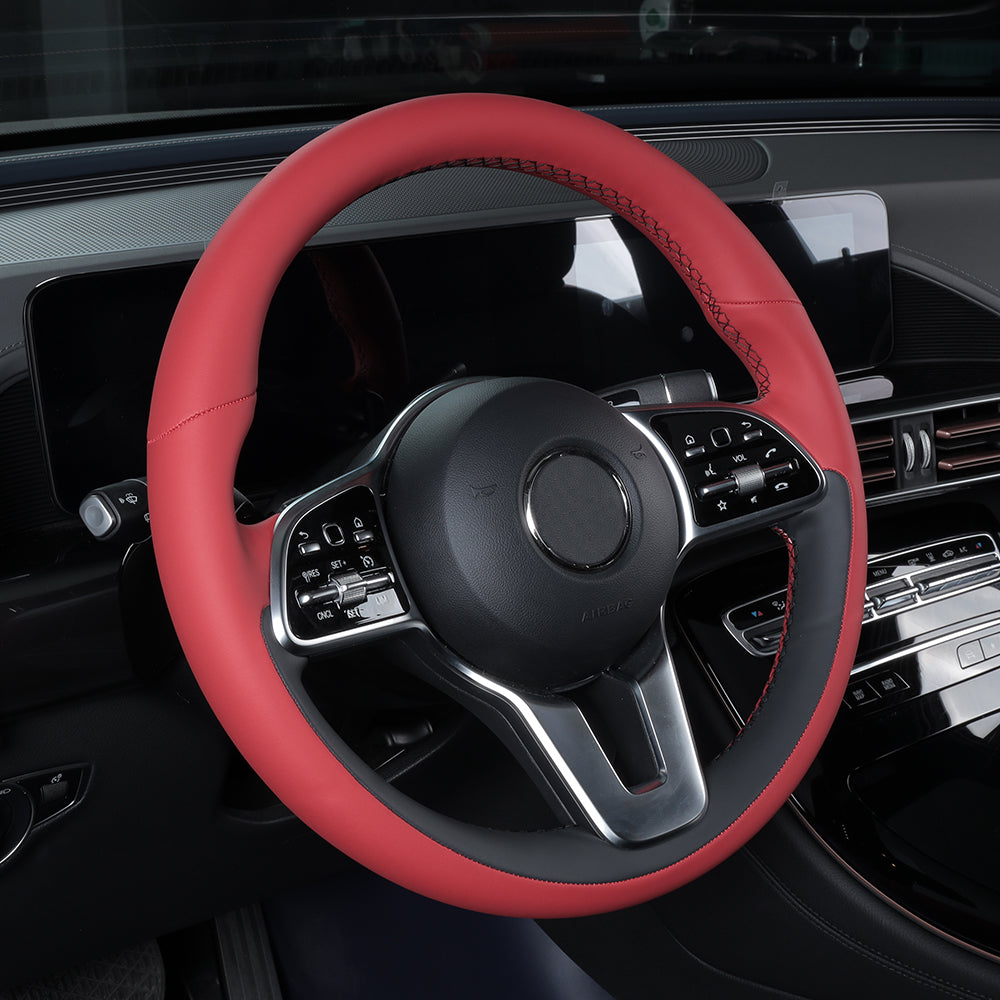 red nappa leather with black stitching hand-stitched steering wheel cover for mercedes-benz