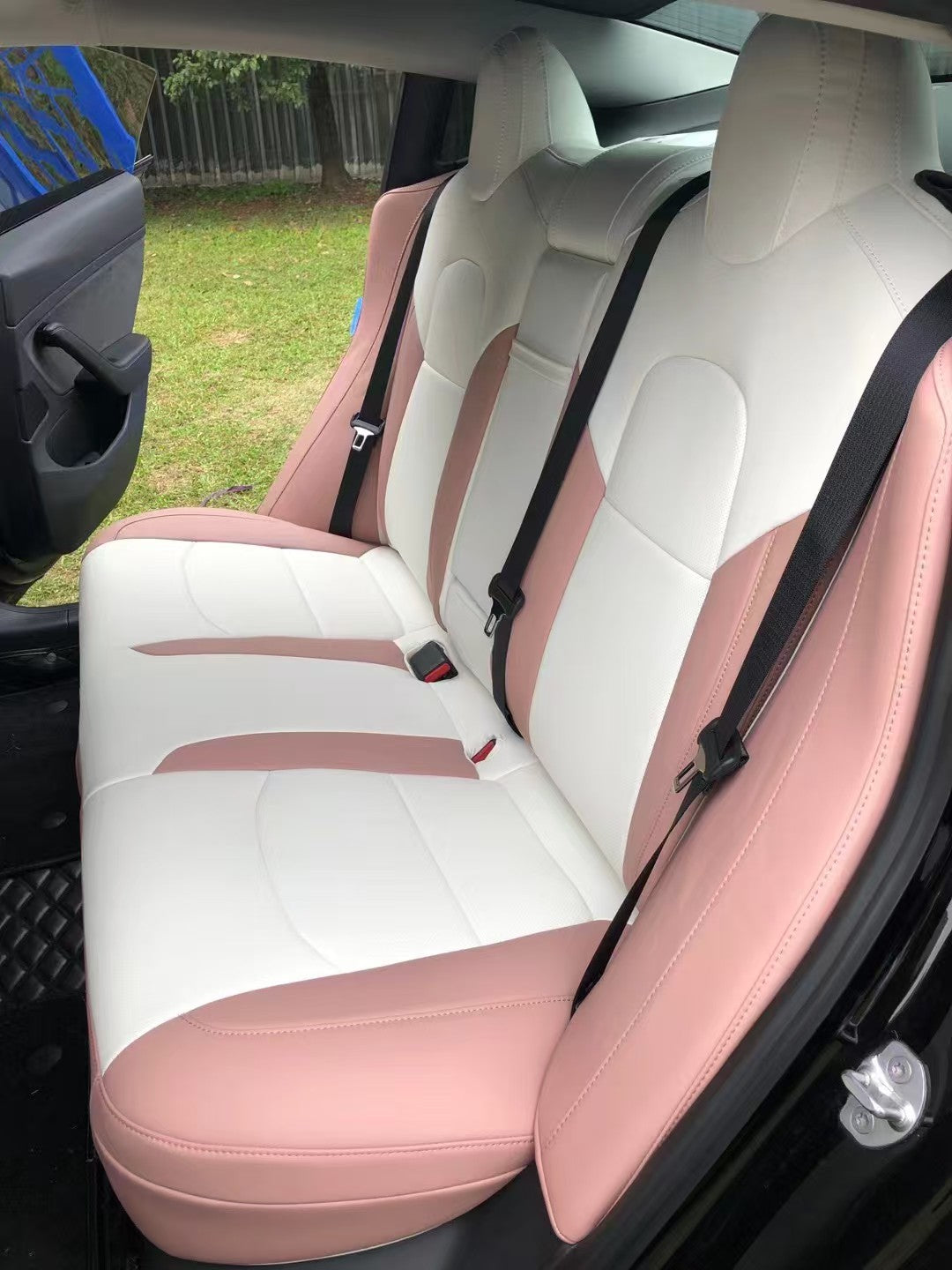 white and pink nappa leather rear car seat cover for tesla model