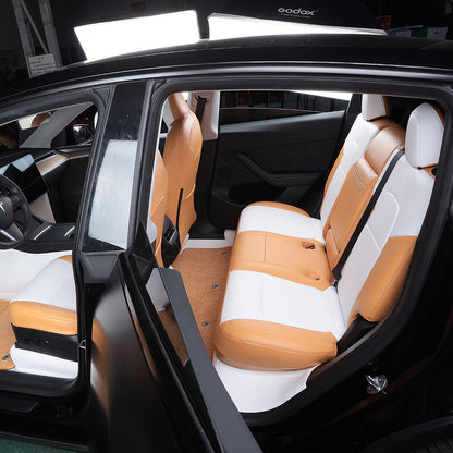 white and yellow leather custom seat cover for tesla