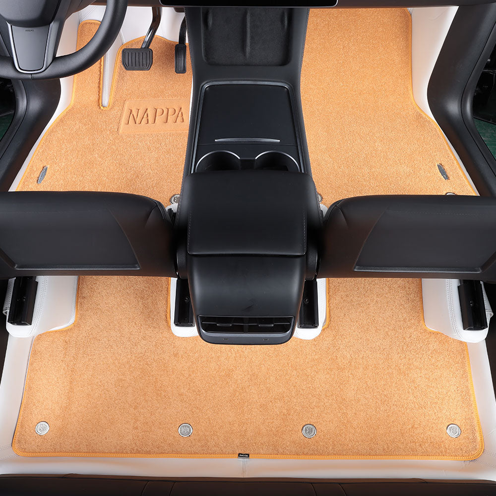 white leather and yellow nylon carpet car floor mat for tesla