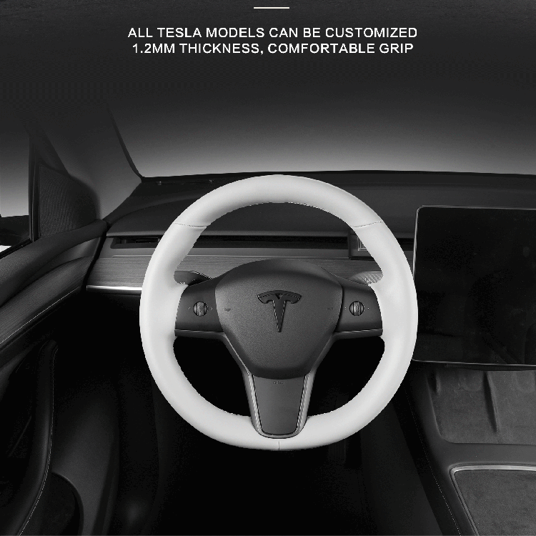 white leather hand-stitched steering wheel cover for tesla