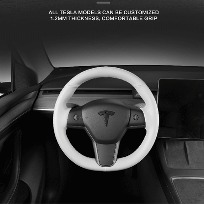 white leather hand-stitched steering wheel cover for tesla